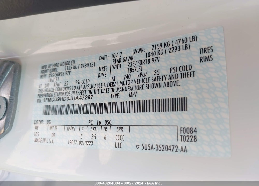 2018 FORD ESCAPE SEL VIN: 1FMCU9HD3JUA47297