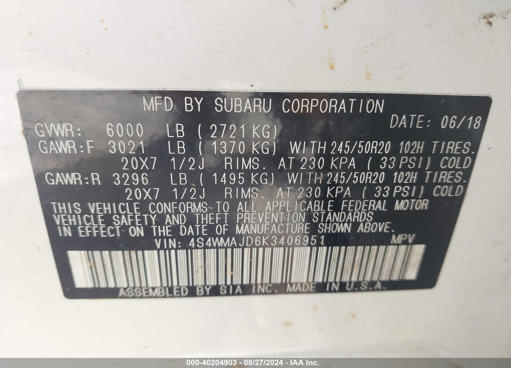 2019 SUBARU ASCENT VIN: 4S4WMAJD6K3406951