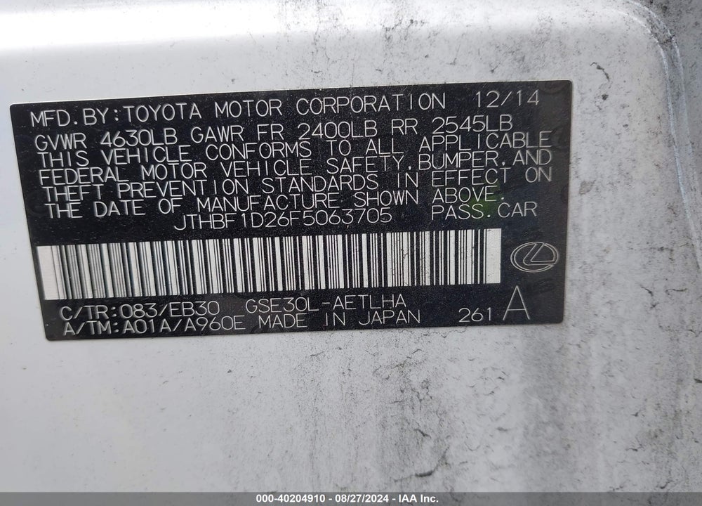 2015 LEXUS IS 250 VIN: JTHBF1D26F5063705