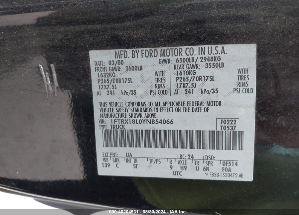 2000 FORD F-150 VIN: 1FTRX18L0YNB54066