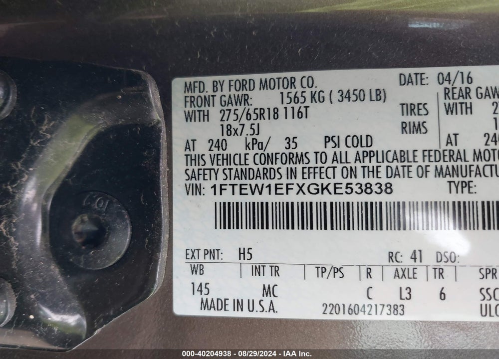 2016 FORD F-150 XLT VIN: 1FTEW1EFXGKE53838