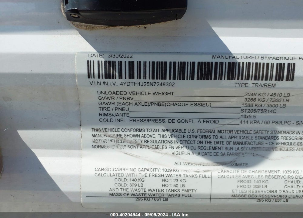 2022 KEYSTONE RV OTHER VIN: 4YDTH1J25N7248302