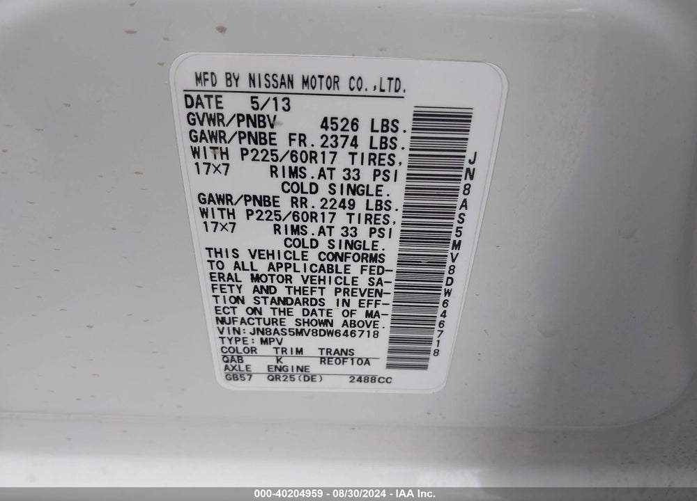 2013 NISSAN ROGUE SV VIN: JN8AS5MV8DW646718