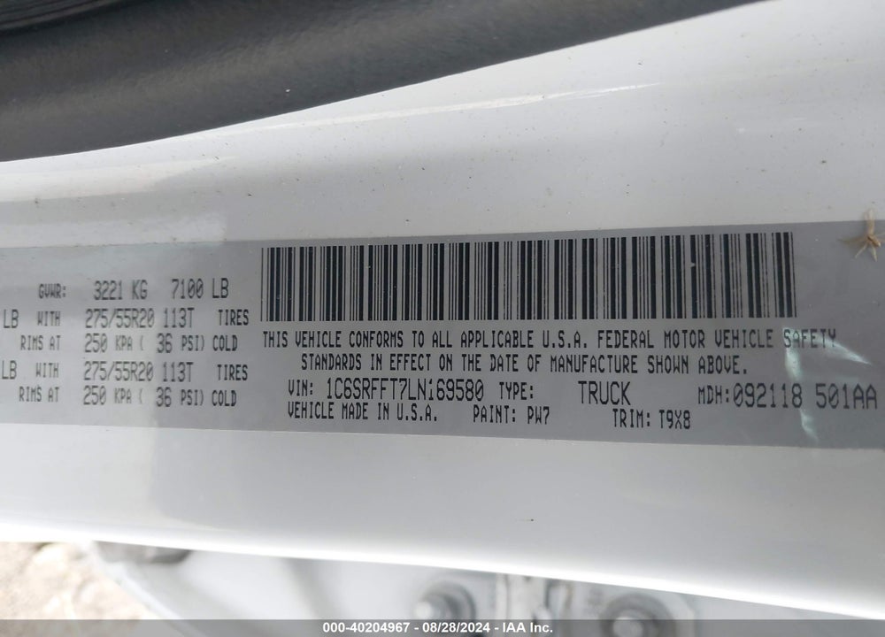 2020 RAM 1500 BIG HORN 4X4 5'7 BOX VIN: 1C6SRFFT7LN169580