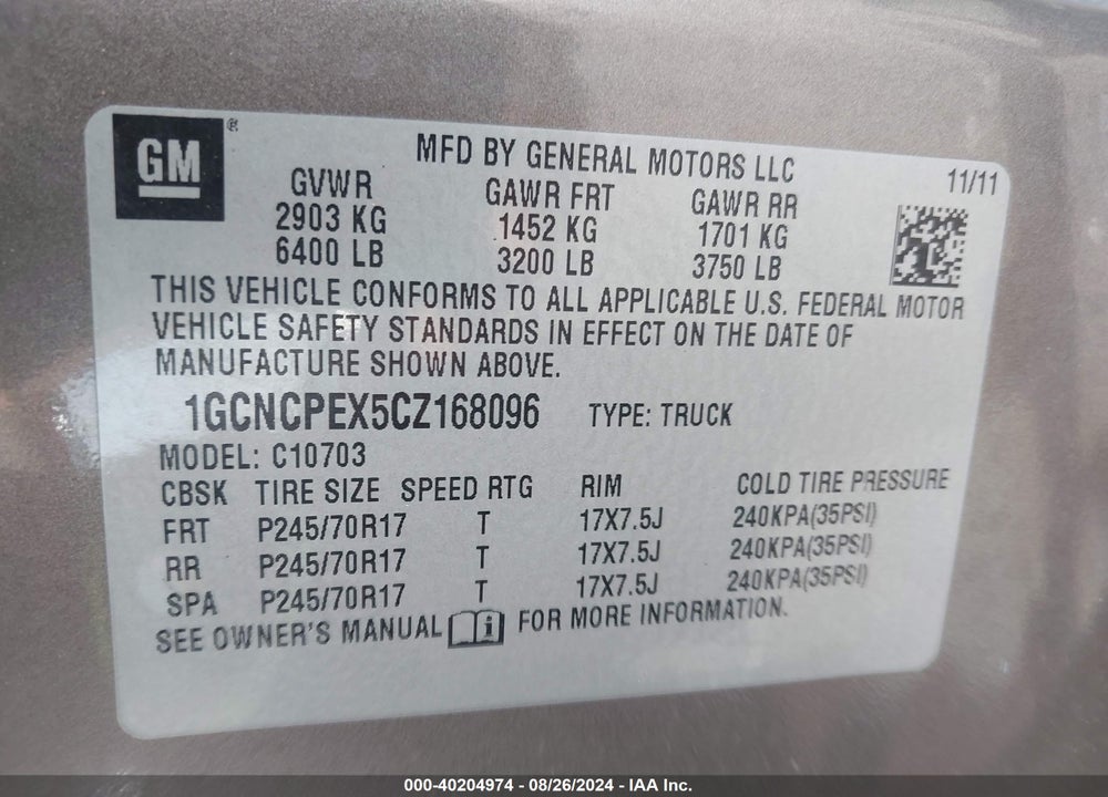 2012 CHEVROLET SILVERADO 1500 WORK TRUCK VIN: 1GCNCPEX5CZ168096