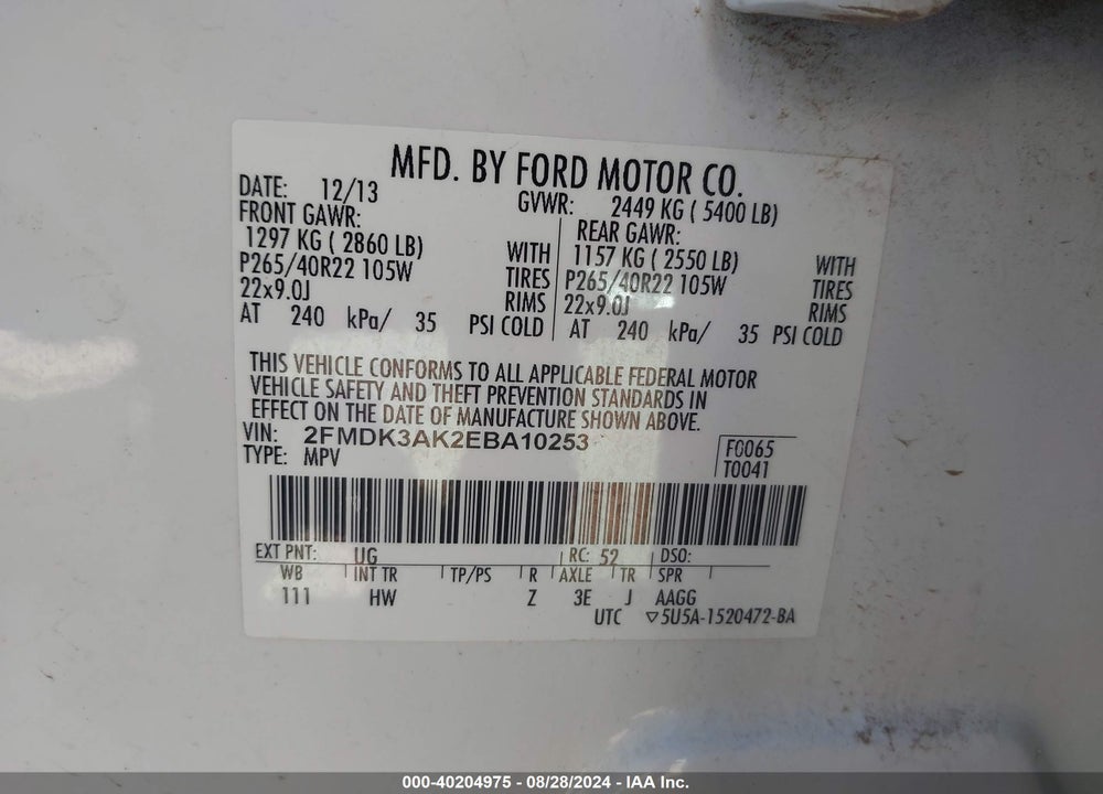 2014 FORD EDGE SPORT VIN: 2FMDK3AK2EBA10253