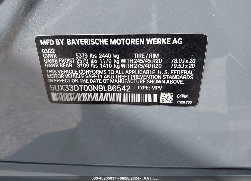 2022 BMW X4 XDRIVE30I VIN: 5UX33DT00N9L86542