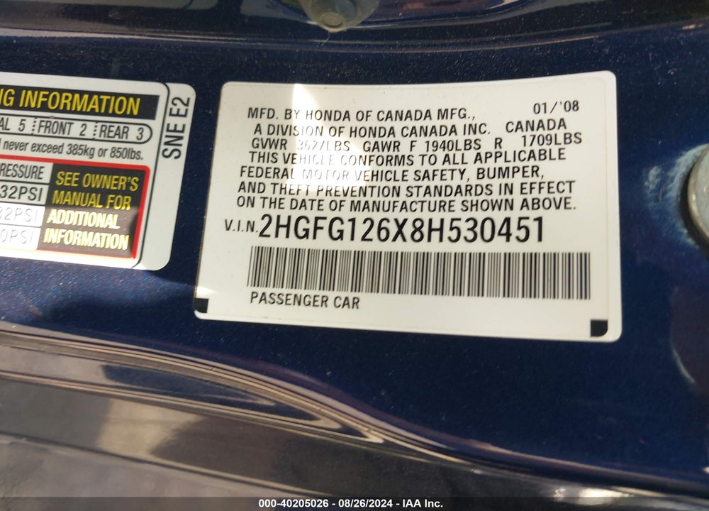 2008 HONDA CIVIC LX VIN: 2HGFG126X8H530451