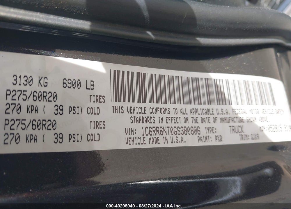 2016 RAM 1500 LAIE VIN: 1C6RR6NT0GS380806
