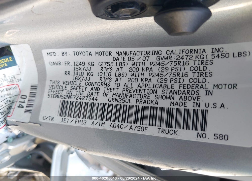2007 TOYOTA TACOMA BASE V6 VIN: 5TEMU52N67Z427544