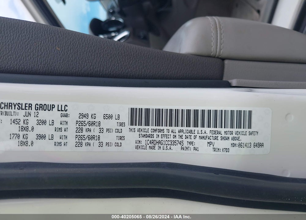 2012 DODGE DURANGO VIN: 1C4RDHAG1CC335745