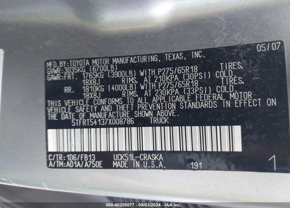 2007 TOYOTA TUNDRA SR5 4.7L V8 VIN: 5TFRT54137X008786