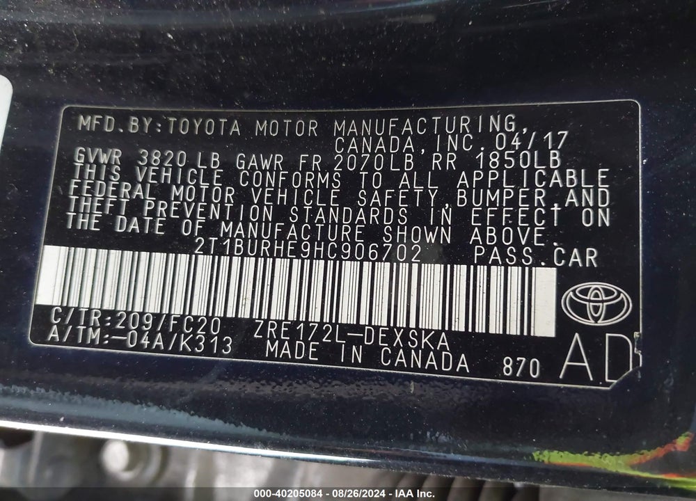2017 TOYOTA COROLLA SE VIN: 2T1BURHE9HC906702