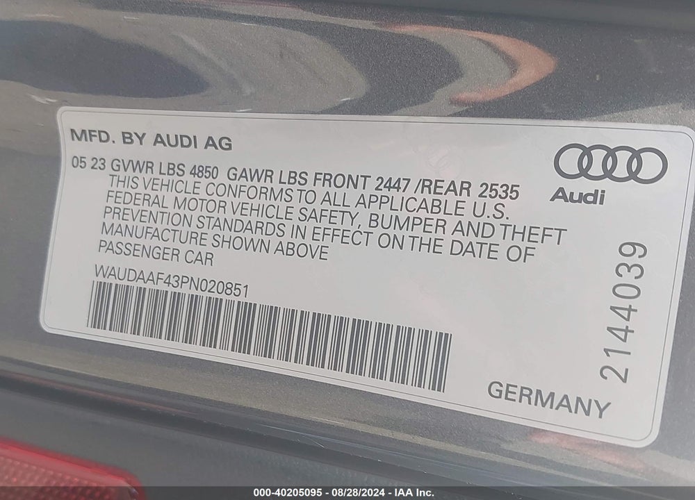 2023 AUDI A4 PREMIUM 45 TFSI S LINE QUATTRO S TRONIC VIN: WAUDAAF43PN020851