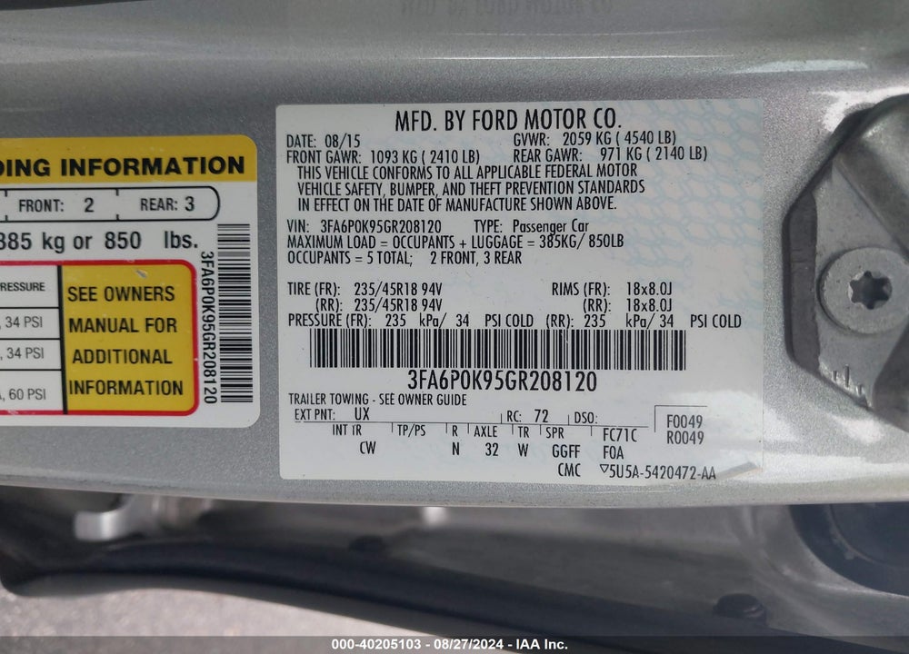 2016 FORD FUSION TITANIUM VIN: 3FA6P0K95GR208120