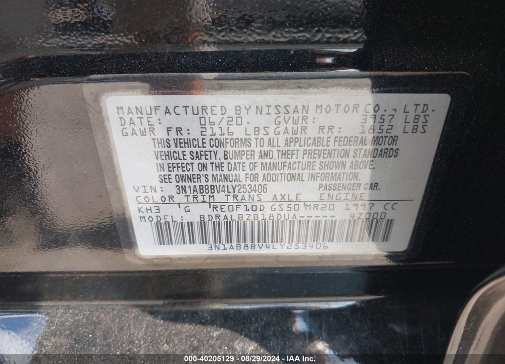 2020 NISSAN SENTRA S XTRONIC CVT VIN: 3N1AB8BV4LY253406
