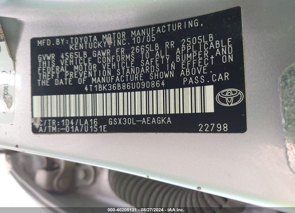 2006 TOYOTA AVALON XLS VIN: 4T1BK36B86U090864