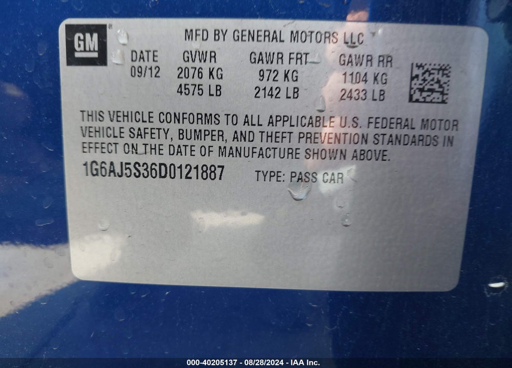 2013 CADILLAC ATS PERFORMANCE VIN: 1G6AJ5S36D0121887