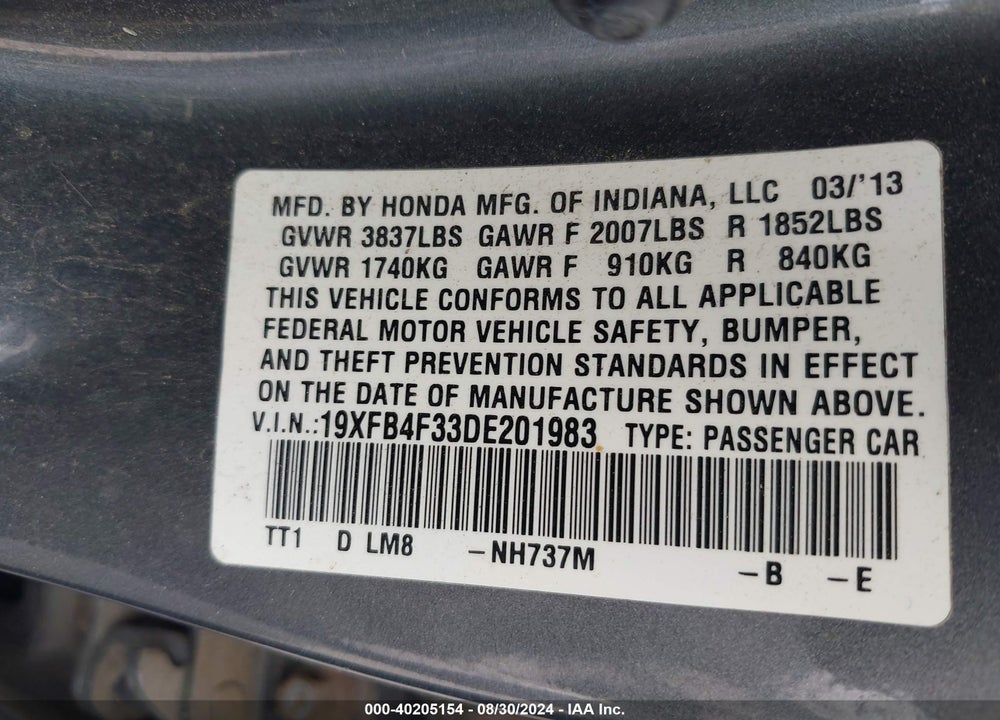 2013 HONDA CIVIC HYBRID VIN: 19XFB4F33DE201983