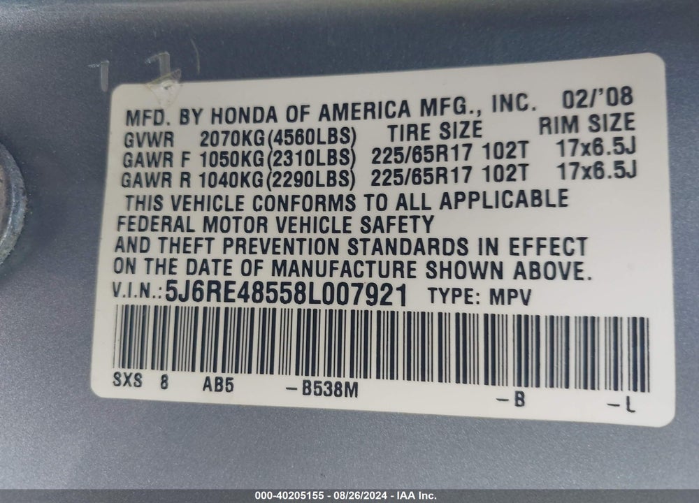 2008 HONDA CR-V EX VIN: 5J6RE48558L007921