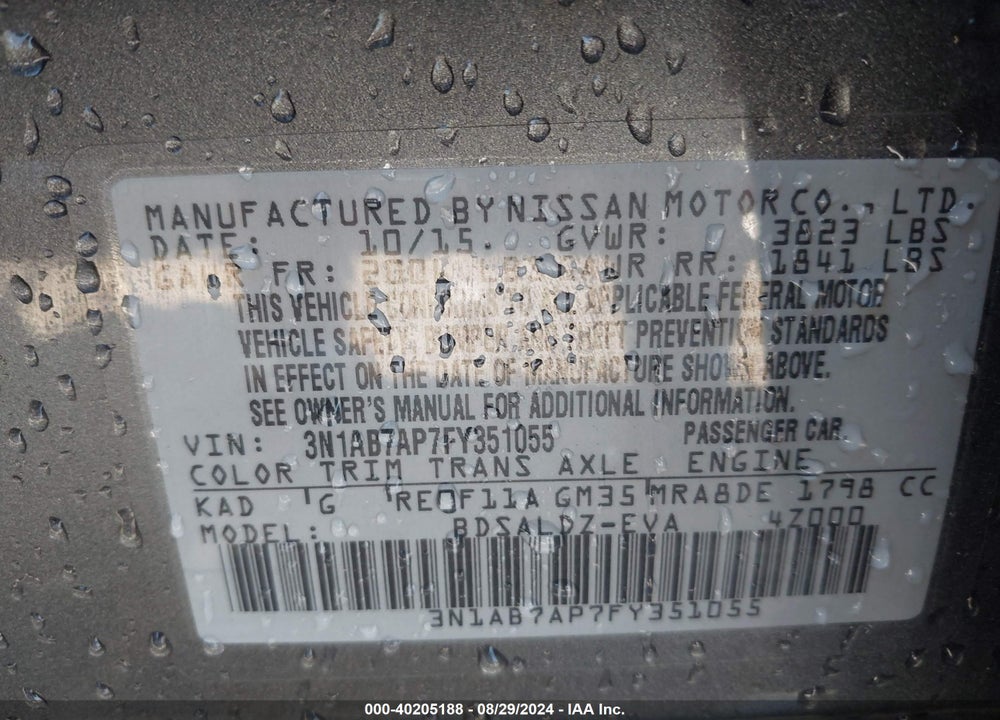 2015 NISSAN SENTRA SV VIN: 3N1AB7AP7FY351055
