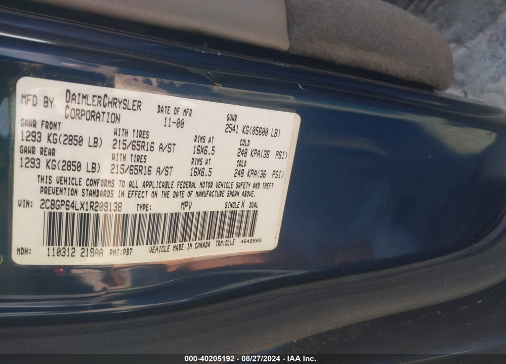 2001 CHRYSLER TOWN & COUNTRY LIMITED VIN: 2C8GP64LX1R209138