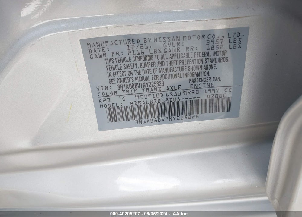2022 NISSAN SENTRA S XTRONIC CVT VIN: 3N1AB8BV7NY225828