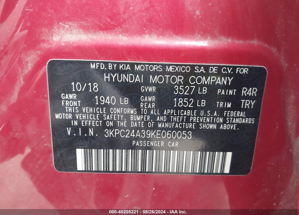 2019 HYUNDAI ACCENT SE VIN: 3KPC24A39KE060053