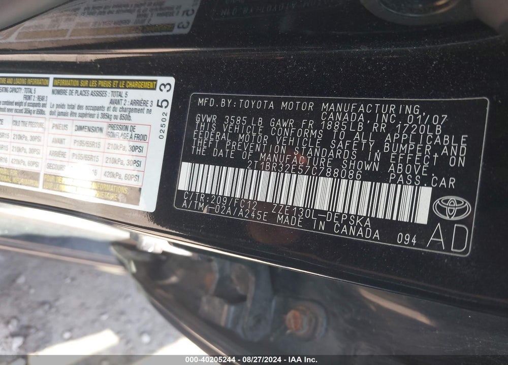 2007 TOYOTA COROLLA S VIN: 2T1BR32E57C788086