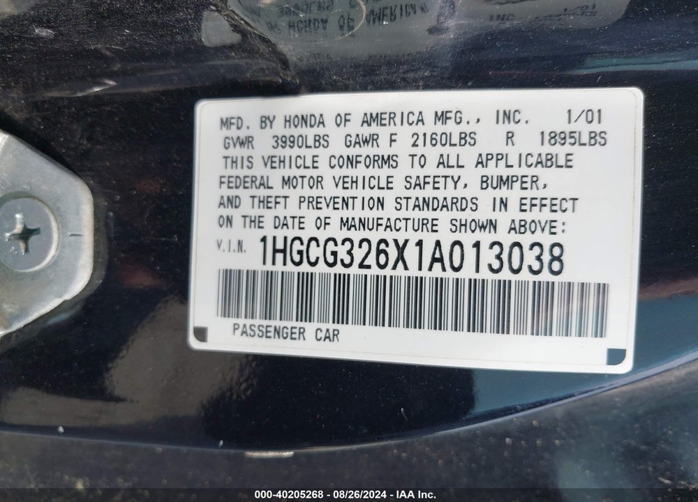 2001 HONDA ACCORD 2.3 LX VIN: 1HGCG326X1A013038
