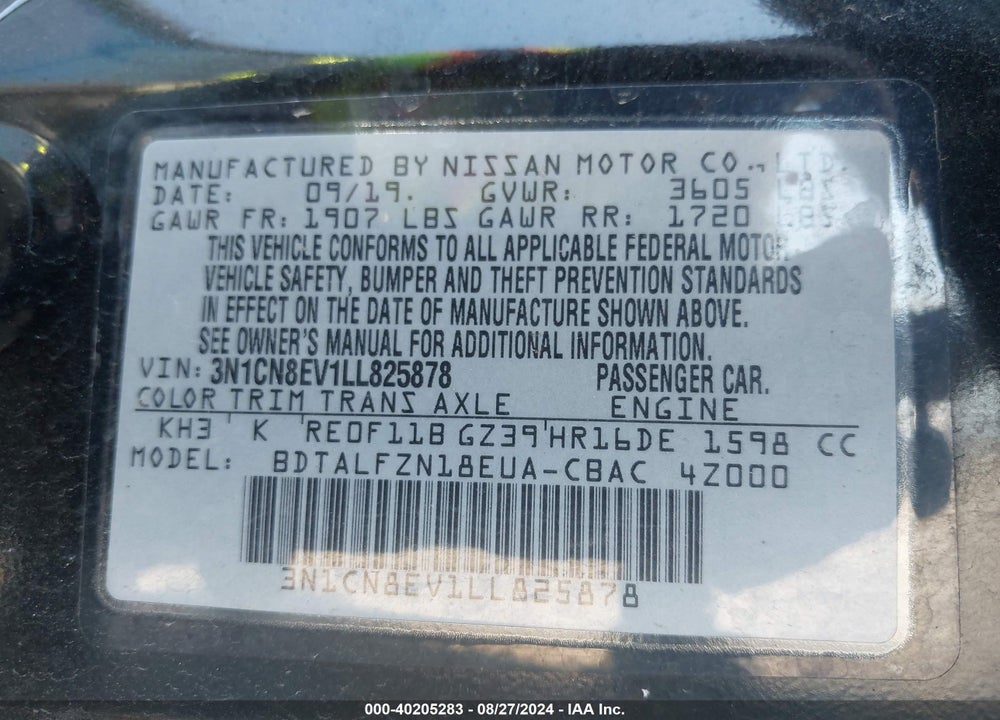 2020 NISSAN VERSA SV XTRONIC CVT VIN: 3N1CN8EV1LL825878