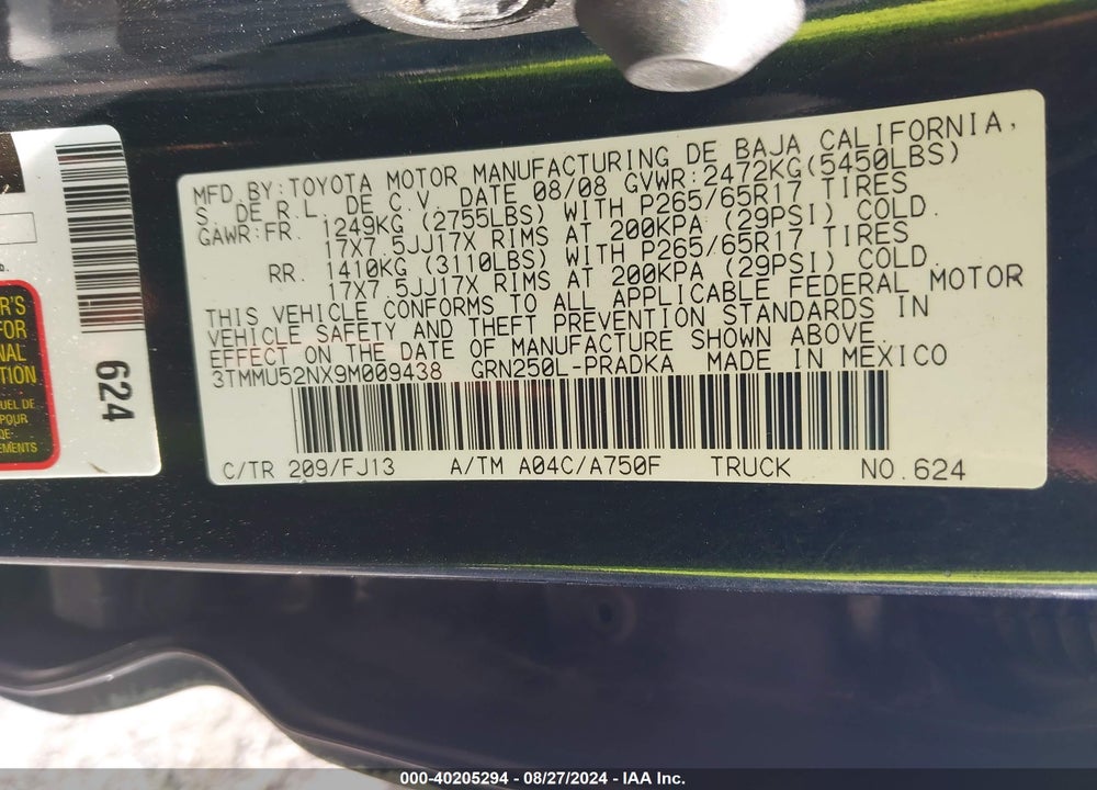 2009 TOYOTA TACOMA VIN: 3TMMU52NX9M009438