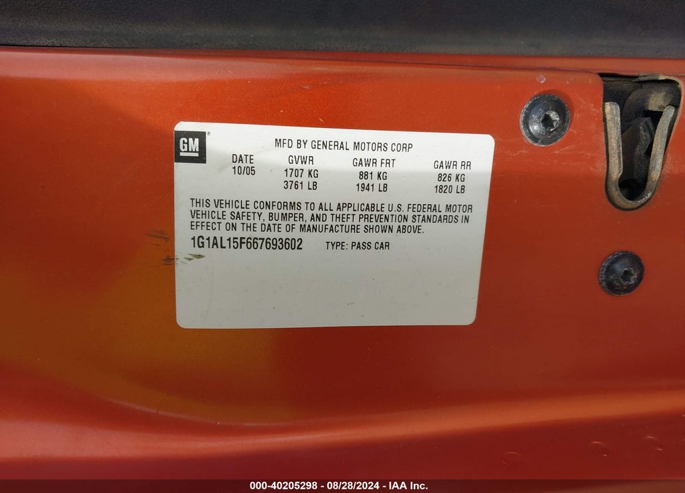 2006 CHEVROLET COBALT LT VIN: 1G1AL15F667693602