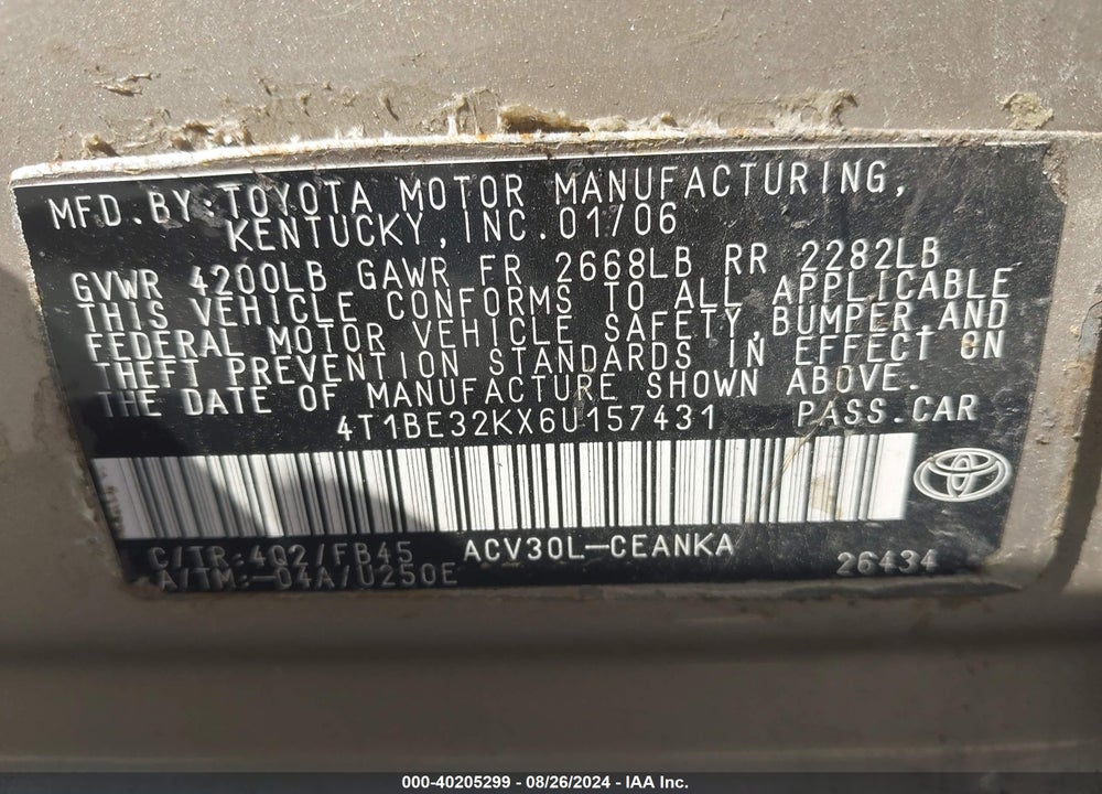 2006 TOYOTA CAMRY LE VIN: 4T1BE32KX6U157431