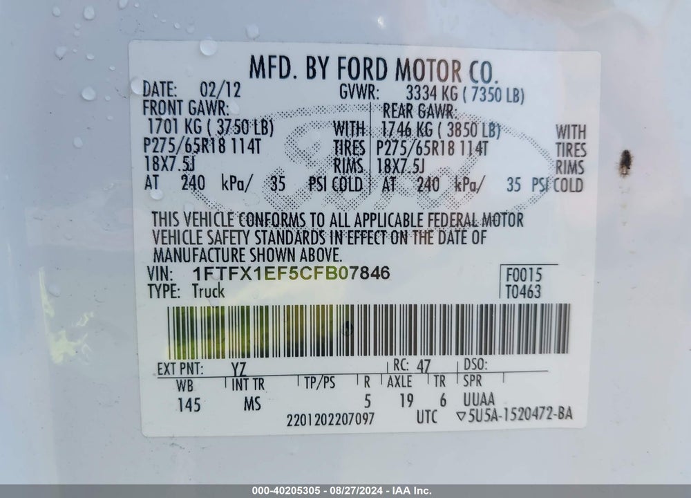 2012 FORD F-150 XLT VIN: 1FTFX1EF5CFB07846