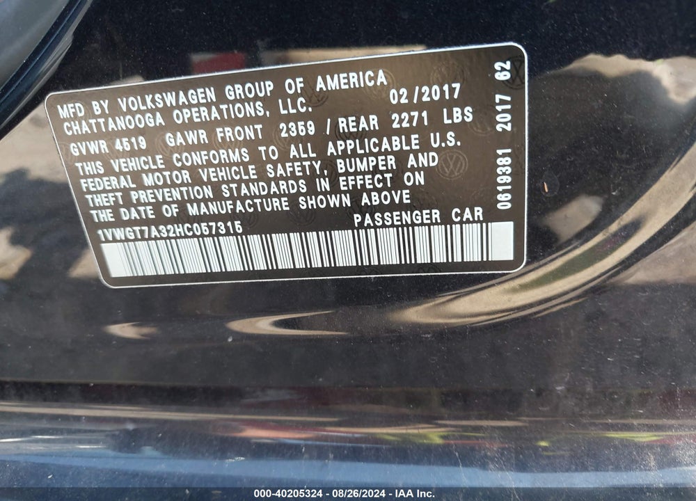 2017 VOLKSWAGEN PASSAT 1.8T SE VIN: 1VWGT7A32HC057315