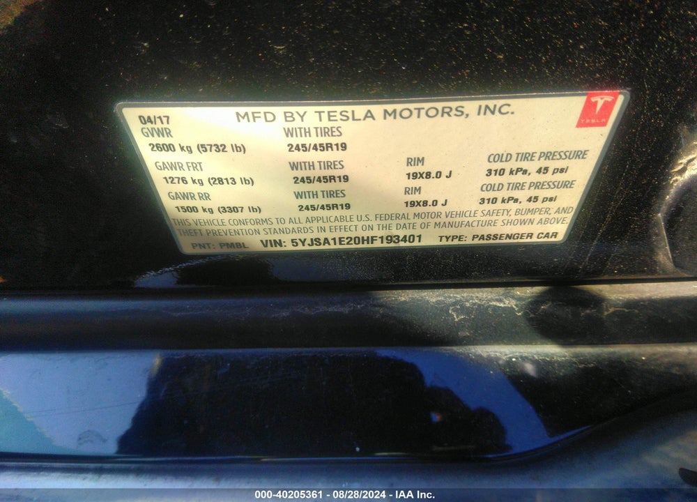 2017 TESLA MODEL S 100D/60D/75D/90D/P100D VIN: 5YJSA1E20HF193401