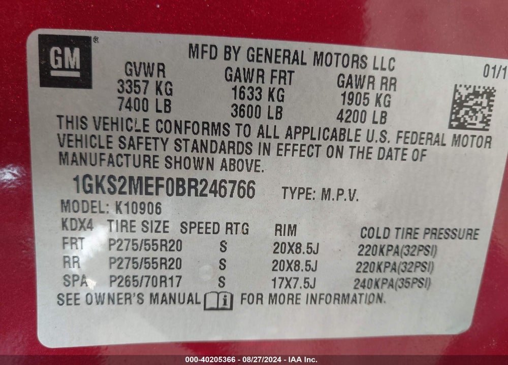 2011 GMC YUKON XL 1500 DENALI VIN: 1GKS2MEF0BR246766