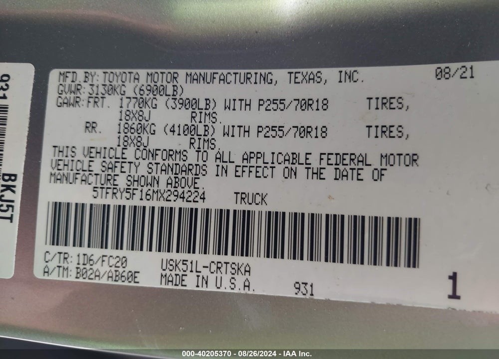 2021 TOYOTA TUNDRA SR5 VIN: 5TFRY5F16MX294224