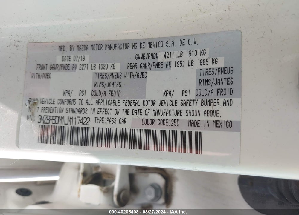 2020 MAZDA 3 PREFERRED PACKAGE VIN: 3MZBPBDM1LM117422