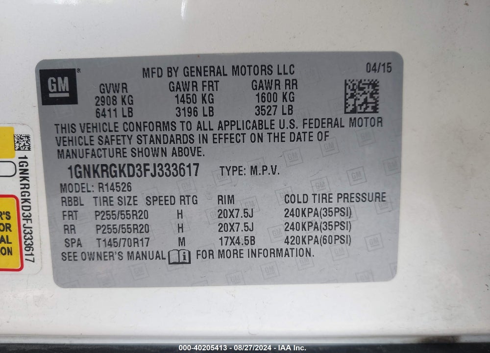 2015 CHEVROLET TRAVERSE 1LT VIN: 1GNKRGKD3FJ333617