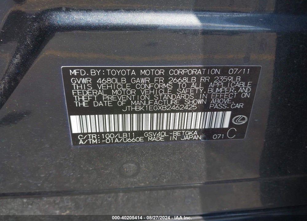 2011 LEXUS ES 350 VIN: JTHBK1EGXB2462425