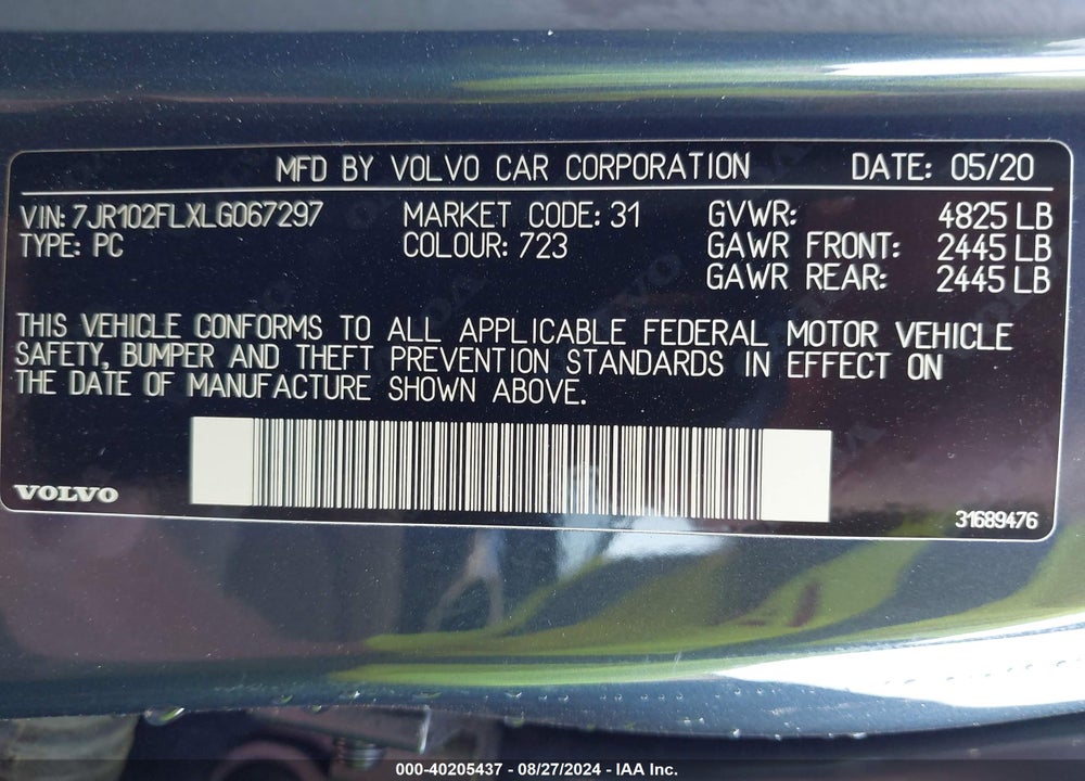 2020 VOLVO S60 T5 INSCRIPTION VIN: 7JR102FLXLG067297