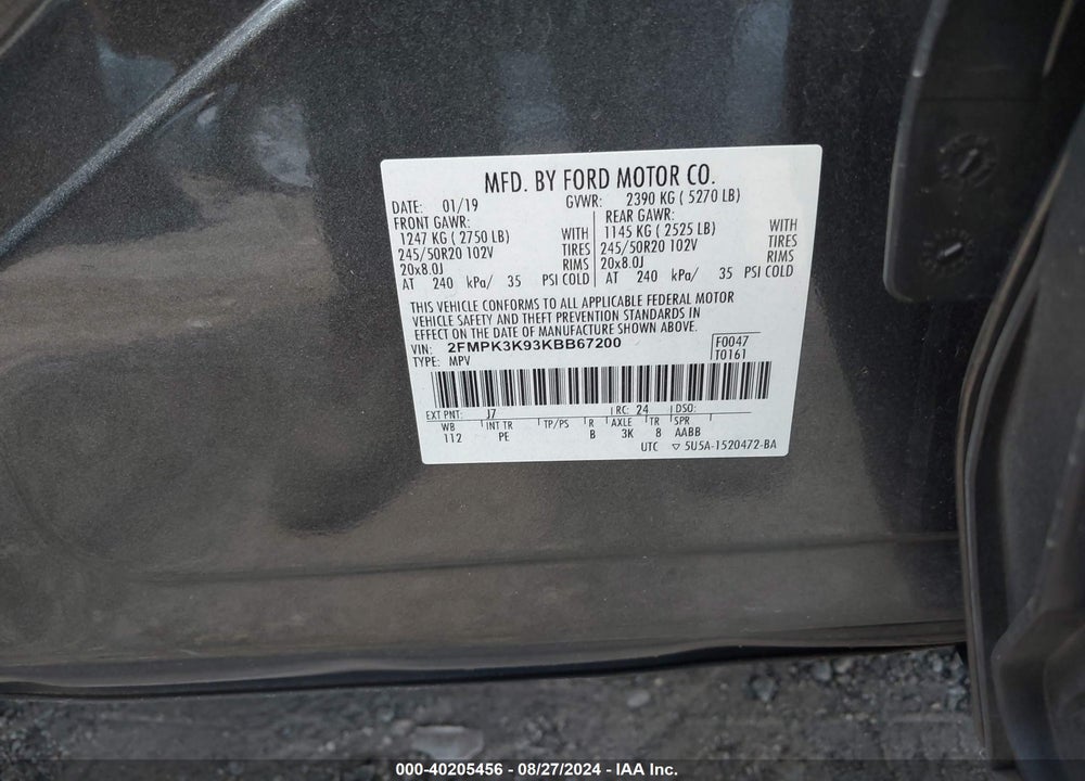 2019 FORD EDGE TITANIUM VIN: 2FMPK3K93KBB67200