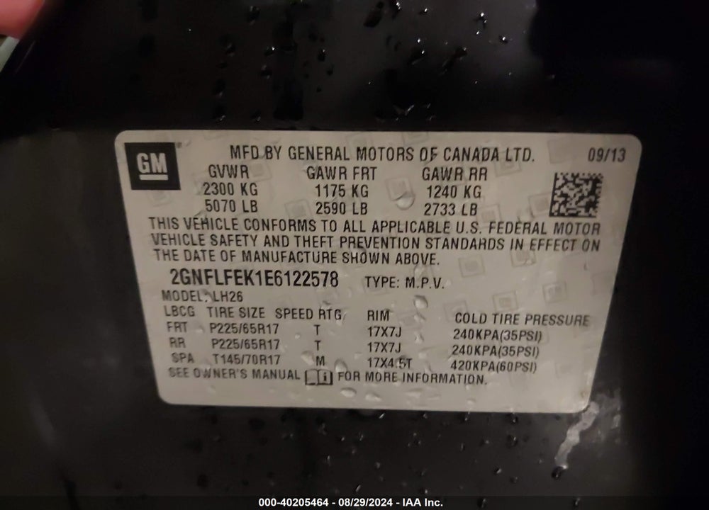 2014 CHEVROLET EQUINOX 1LT VIN: 2GNFLFEK1E6122578