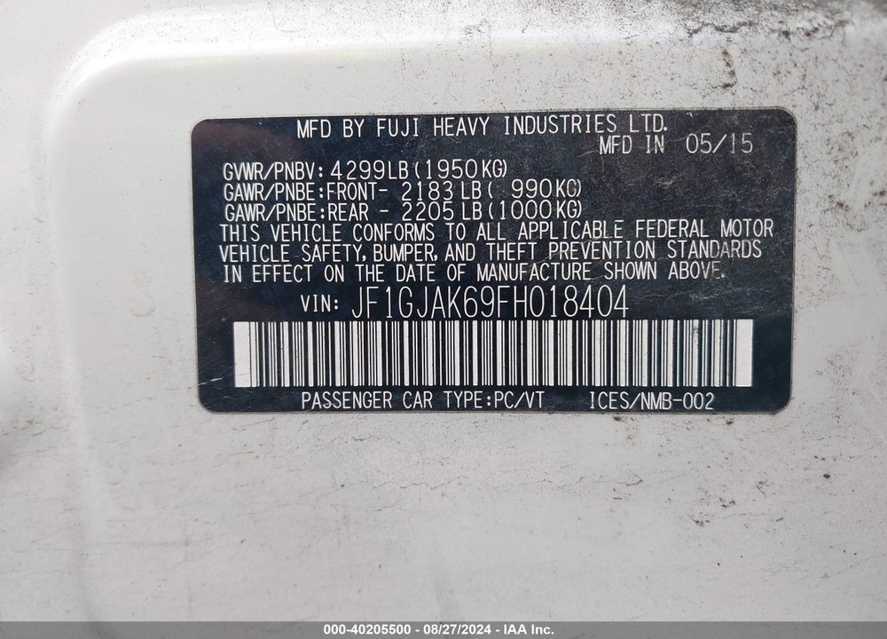 2015 SUBARU IMPREZA 2.0I PREMIUM VIN: JF1GJAK69FH018404