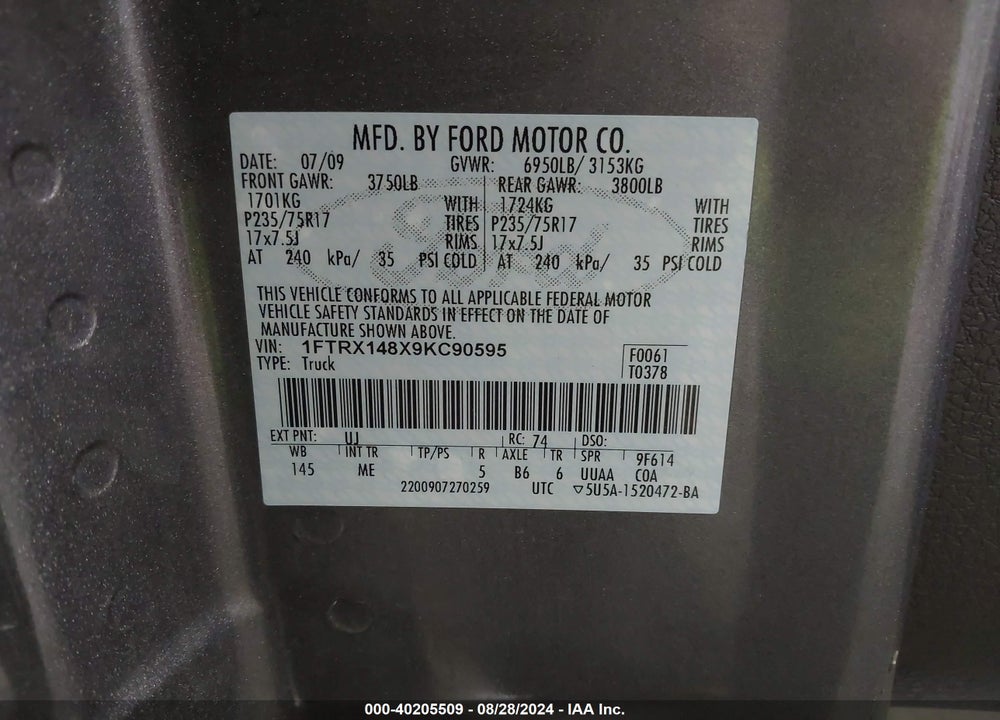 2009 FORD F-150 STX/XL/XLT VIN: 1FTRX148X9KC90595
