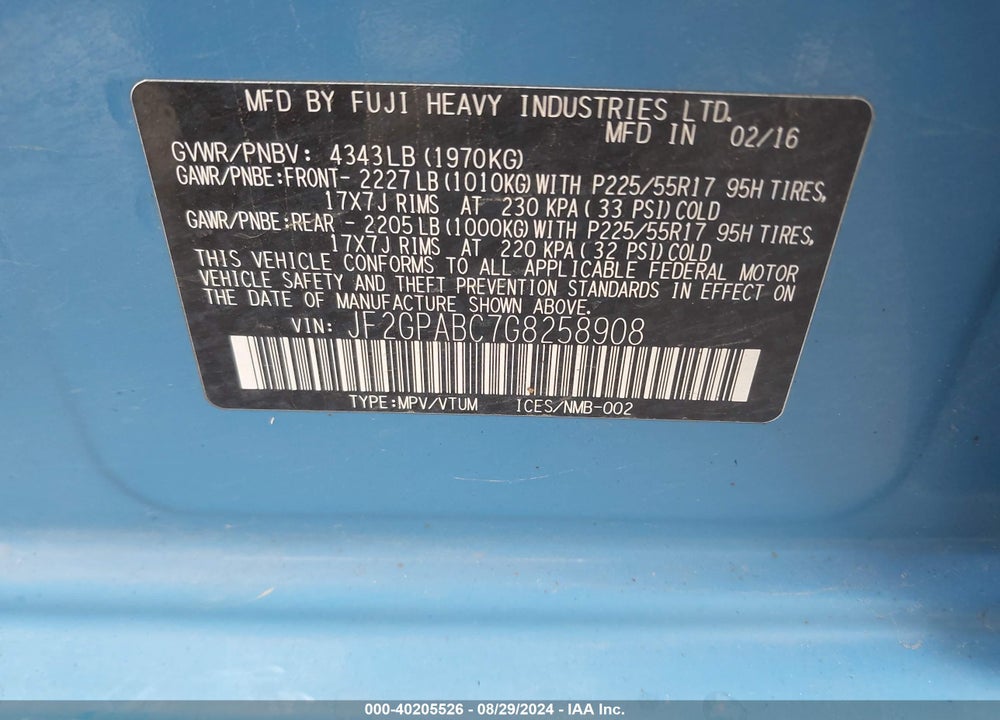 2016 SUBARU CROSSTREK 2.0I PREMIUM VIN: JF2GPABC7G8258908