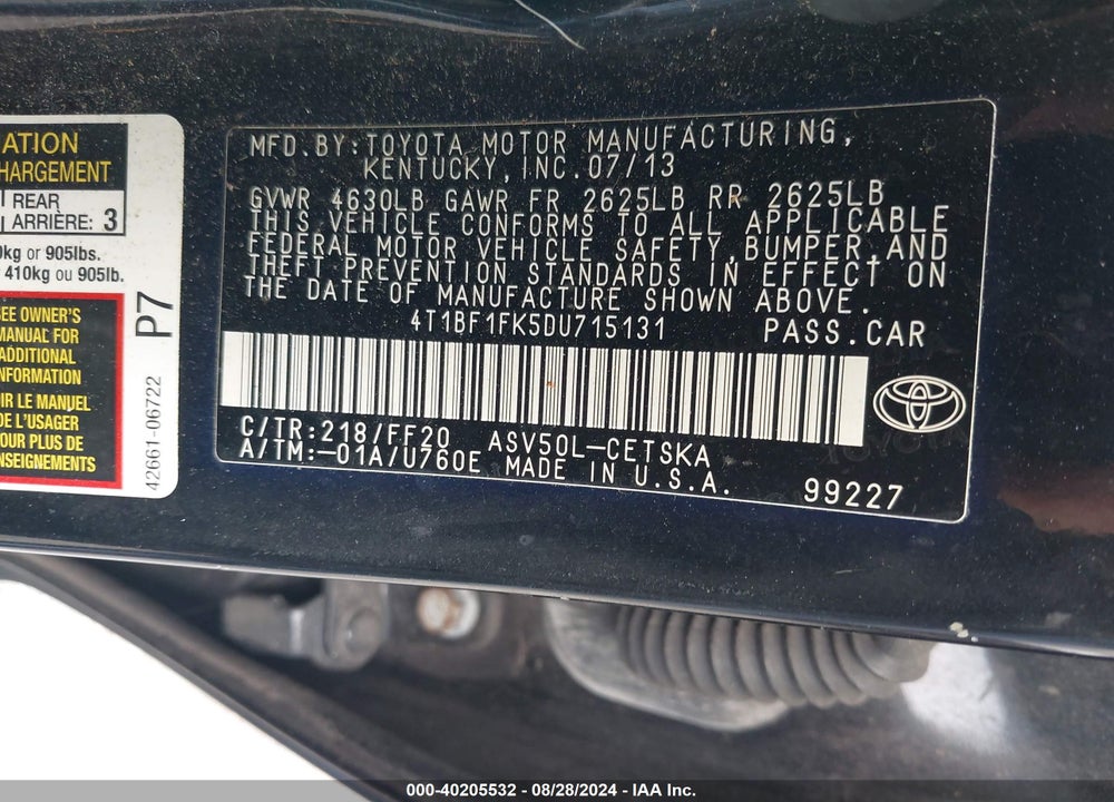 2013 TOYOTA CAMRY SE VIN: 4T1BF1FK5DU715131
