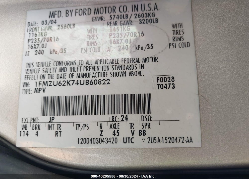2004 FORD EXPLORER XLS VIN: 1FMZU62K74UB60822